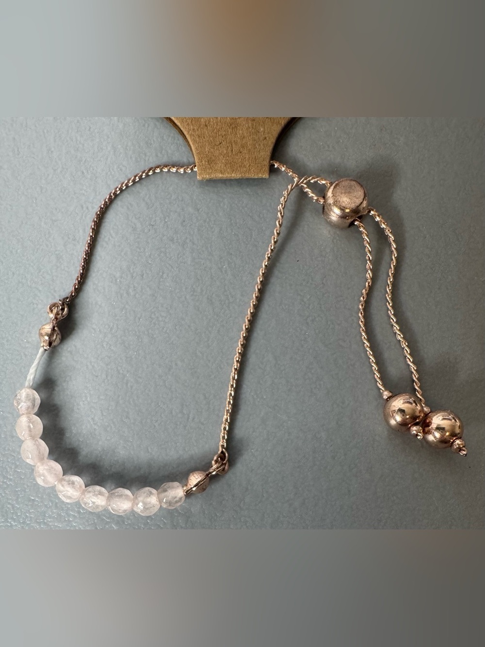 Rose Quartz Beaded Slider Bracelet Rose Gold Tone Adjustable Women Jewelry